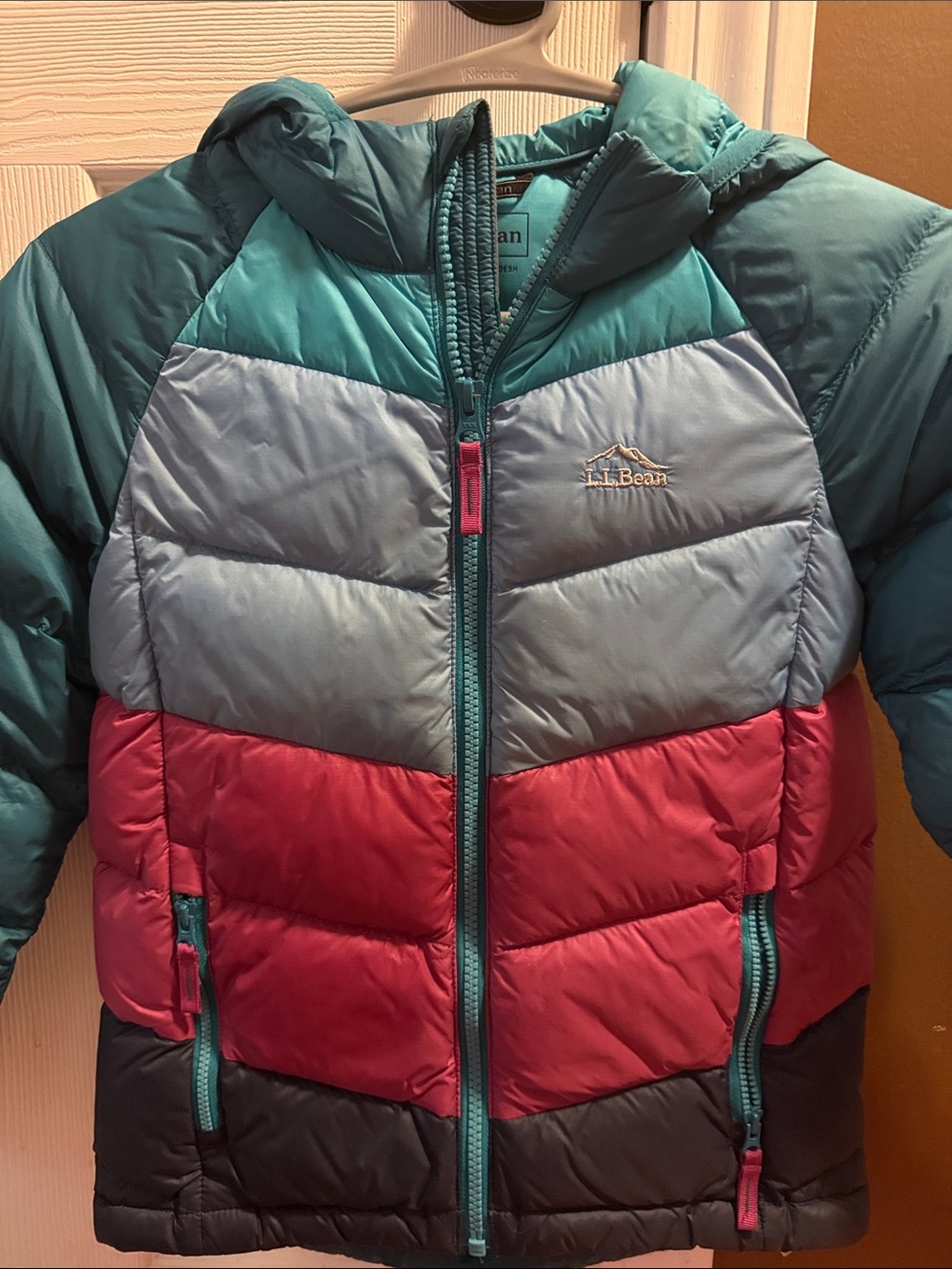 L.L. Bean Kids Colorblock Puffer Jacket in Teal, Light Blue & Pink